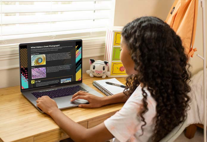 Girl sitting at a desk using a laptop