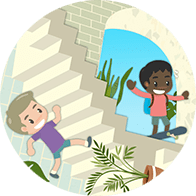 Artwork: two children running around on stairs