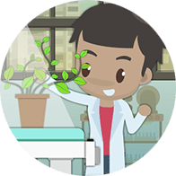 Artwork: a child in a lab coat tending to a plant