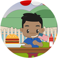 Artwork: a child at a table with a burger and an American flag