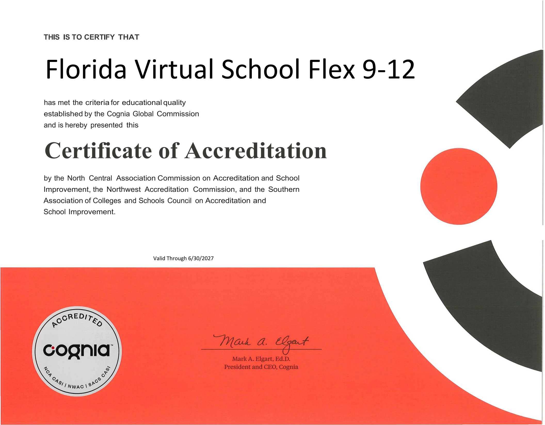 Florida Virtual School Flex 9-12 Certificate of Accreditation